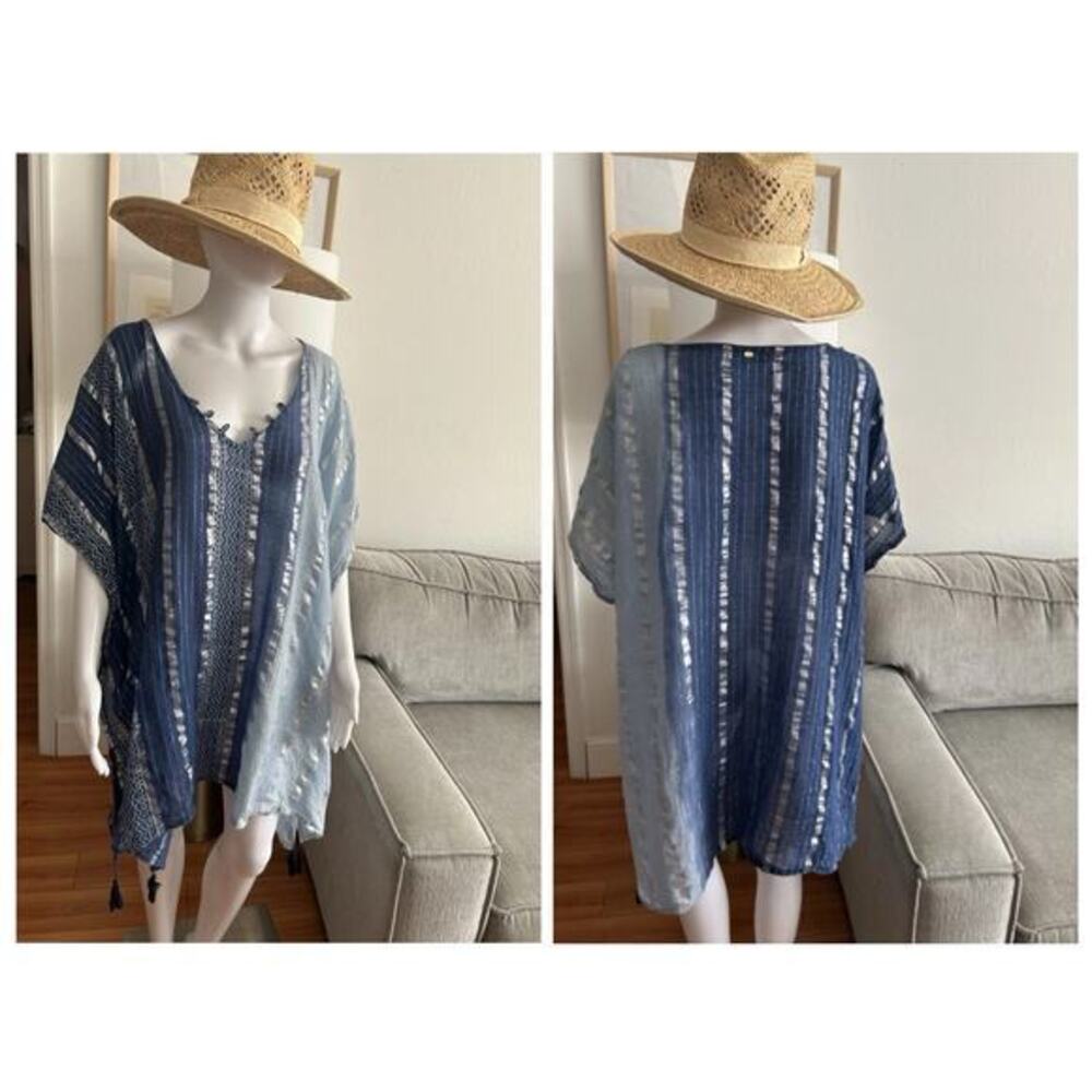 Blue Striped Metallic  Cover Up Kimono Lagenlook One Size Beach Summer Coastal